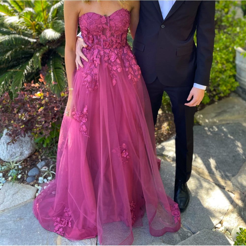 mulberry tulle strapless corset prom dress